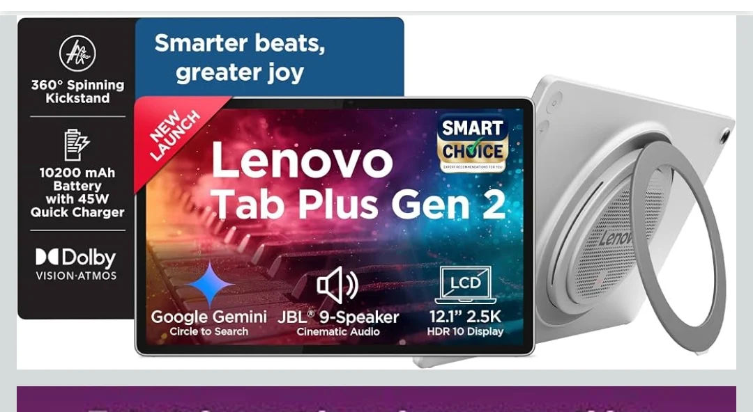 Lenovo Tab Plus Gen 2 {Smartchoice} with JBL 9-unit Speaker System, Wifi only, 12.1" 2.5K Display, 800nits Peak Brightness |8GB RAM + 128GB ROM (Expandable upto 2TB), MediaTek Dimensity 7400| 10200mAh