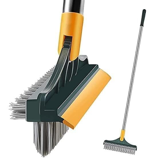 BUYERZONE Rubber 3-in-1 Bathroom Cleaning Brush with Wiper Tiles Cleaning Bathroom Brush Floor Scrub Brush with Long Handle 120° Rotate Home Kitchen