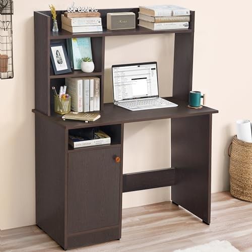 ABOUT SPACE Wooden Study Table with Hutch & Bottom Storage - Office Desk - Office Table for Laptop, PC-Engineering Wood Working, Drawing, Computer Table for Home (Flower Wenge - L100 x B50 x H134 cm)