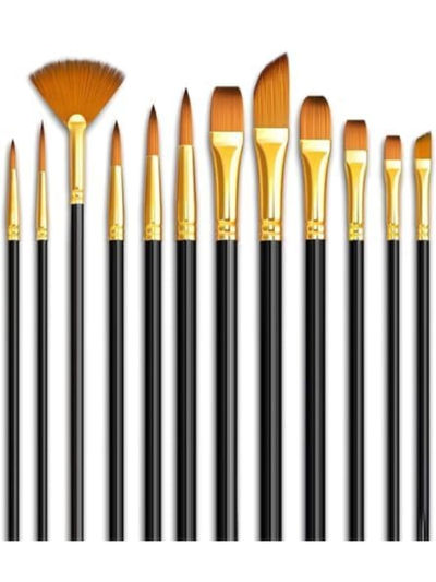 Eclet Craft 12-Piece Paint Brush Set - Professional Round Pointed Nylon Hair Brushes for Acrylic, Watercolor & Oil Painting (Basic Model)