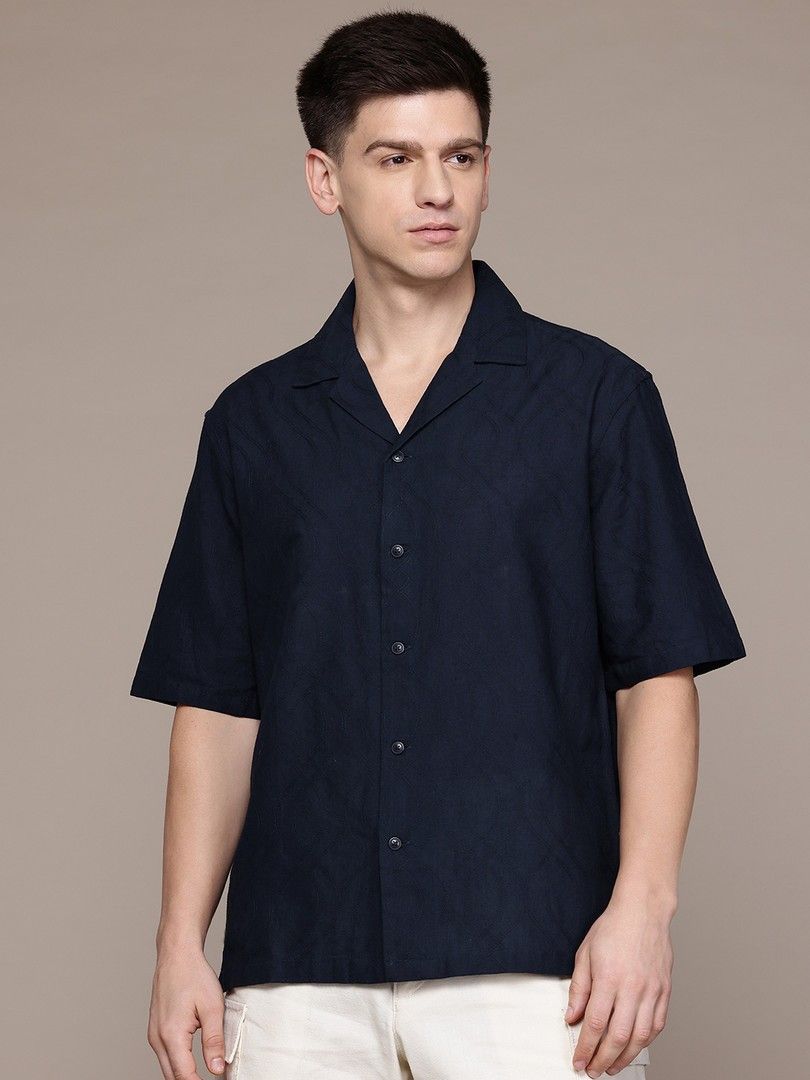 MANGO MAN Men's Self-Design Textured Breathable Cotton Shirt