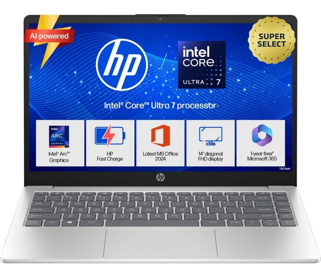 HP 14 AI PC Intel Core Ultra 7 155H - (16 GB/512 GB SSD/Windows 11 Home) 14-ep1151TU/14-gr1036TU Thin and Light Laptop (14 Inch, Natural Silver, 1.4 Kg, With MS Office)