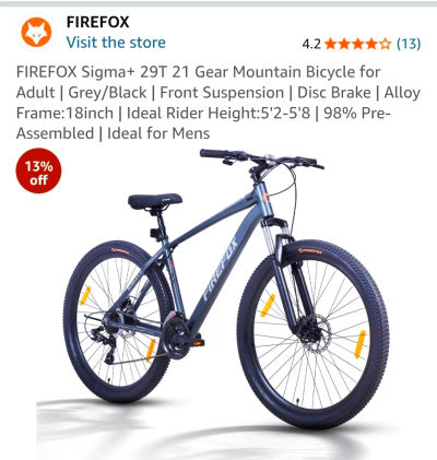 FIREFOX Aluminium Alloy Sigma+ 29T 21 Gear Mountain Bicycle for Adult | Grey/Black | Front Suspension | Disc Brake | Alloy Frame:18inch | Ideal Rider Height:5'2-5'8 | 98% Pre-Assembled | Ideal for Mens