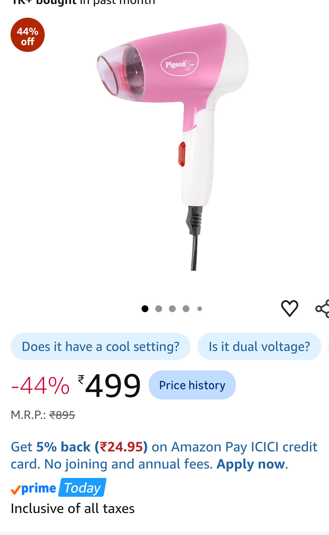 Pigeon Hair Dryer| 1000 Watts| 2 Speed & Temperature (Hot/Cool)| Foldable Handle| For Women and Men| 2 Years Warranty| Pink