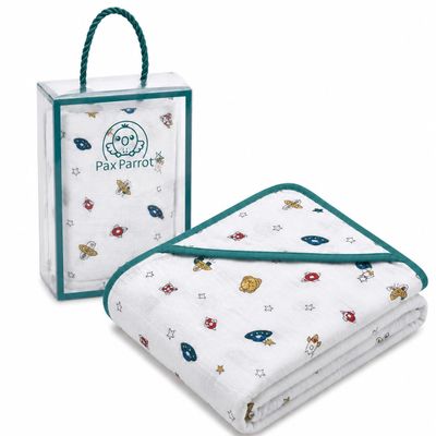 PAX PARROT Muslin Cotton Hooded Baby Towel | 4 Ply | Super Soft | Newborn Infants | White