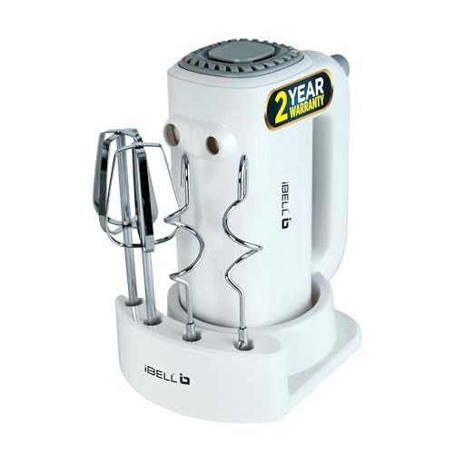 iBELL WHISK350 Electric Hand Mixer - 350W with 5 Speed Control, Stainless Steel Beaters & Dough Hooks for Baking, Whipping & Mixing (White)