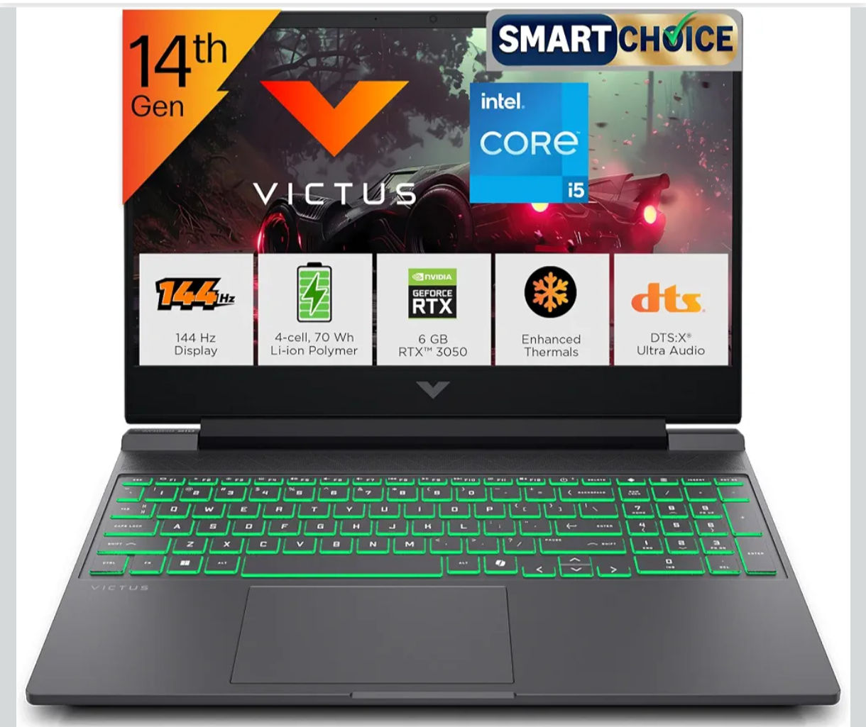 HP Smartchoice Victus, 14th Gen Intel Core i5-14450HX, 6GB RTX 3050, 24GB DDR5(Upgradeable) 512GB SSD, 144Hz, 300 nits, 15.6''/39.6cm, Win11, Office 24, Mica Silver, 2.3kg, fa2303/15tx, Gaming Laptop
