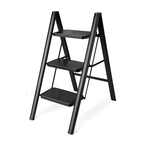 Boniry Compact 3 Step Folding Ladder with Non-Slip Steps | Lightweight & Durable Step Ladder - Black Finish