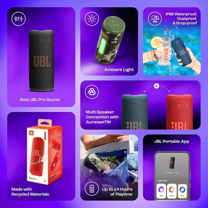 JBL Grip Wireless Portable Bluetooth Speaker, JBL Pro Sound with AI Sound Boost, IP68 Waterproof/Dustproof, Ambient Light, Upto 14H Playtime