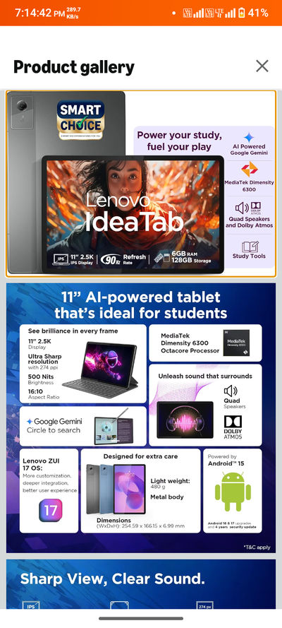 Lenovo Idea Tab (Smartchoice) | WiFi Only |11" 2.5K IPS Display |6GB RAM + 128GB ROM (Expandable Upto 2TB)| MediaTek Dimensity 6300|7040mAh|4 Speakers| Grey