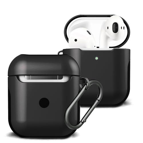 Amazon Basics Elite Shock-Absorbing Protective Case with Keychain for AirPods 1 and 2 | Visible Front LED (Black)