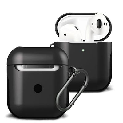Amazon Basics Elite Shock-Absorbing Protective Case with Keychain for AirPods 1 and 2 | Visible Front LED (Black)