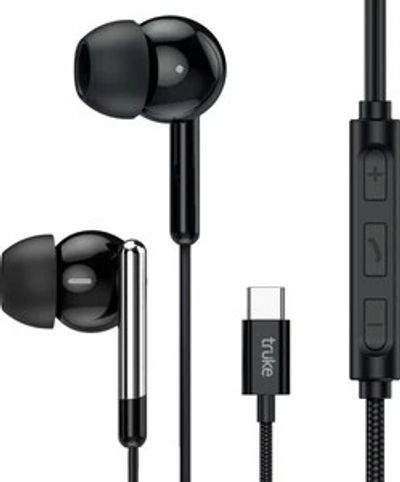 truke Bass H1 Wired Earphones w/ Type-C Jack, Rich Bass, 13mm Drivers, Smart Controls Wired Headset (Black, In the Ear)