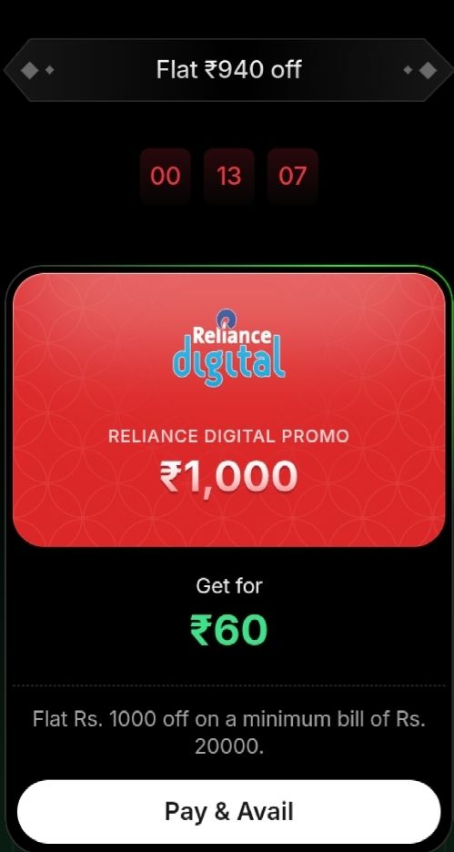 Hubble - 94% off on Reliance digital promo of Rs1000 at Rs60