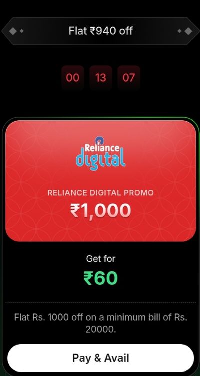 Hubble - 94% off on Reliance digital promo of Rs1000 at Rs60