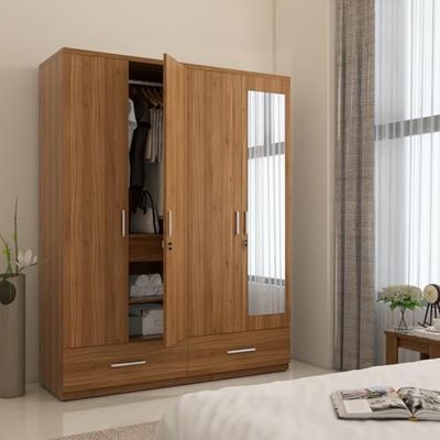 Spacewood Linden Wardrobe | 3 Year Warranty | Almirah, Cupboard, Almari, 4 Door Wardrobe with Mirror, 3 Drawer (1 Lock Drawer) and 2 Hanging Space & 1 Internal Locker |Engineered Wood| Natural Teak