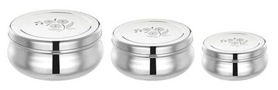 Amazon Brand - Solimo Belly Puri Dabba set | BPA-FREE | Stainless steel | Glossy finish | Set of 3