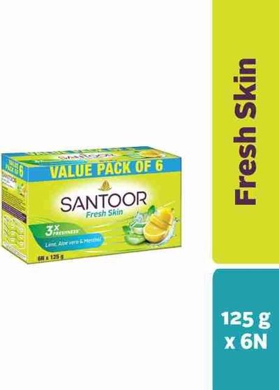 Santoor Fresh Skin Aloe Vera & Lime Bathing Bar Soap For Soft & Youthful Skin (6 x 125 g)