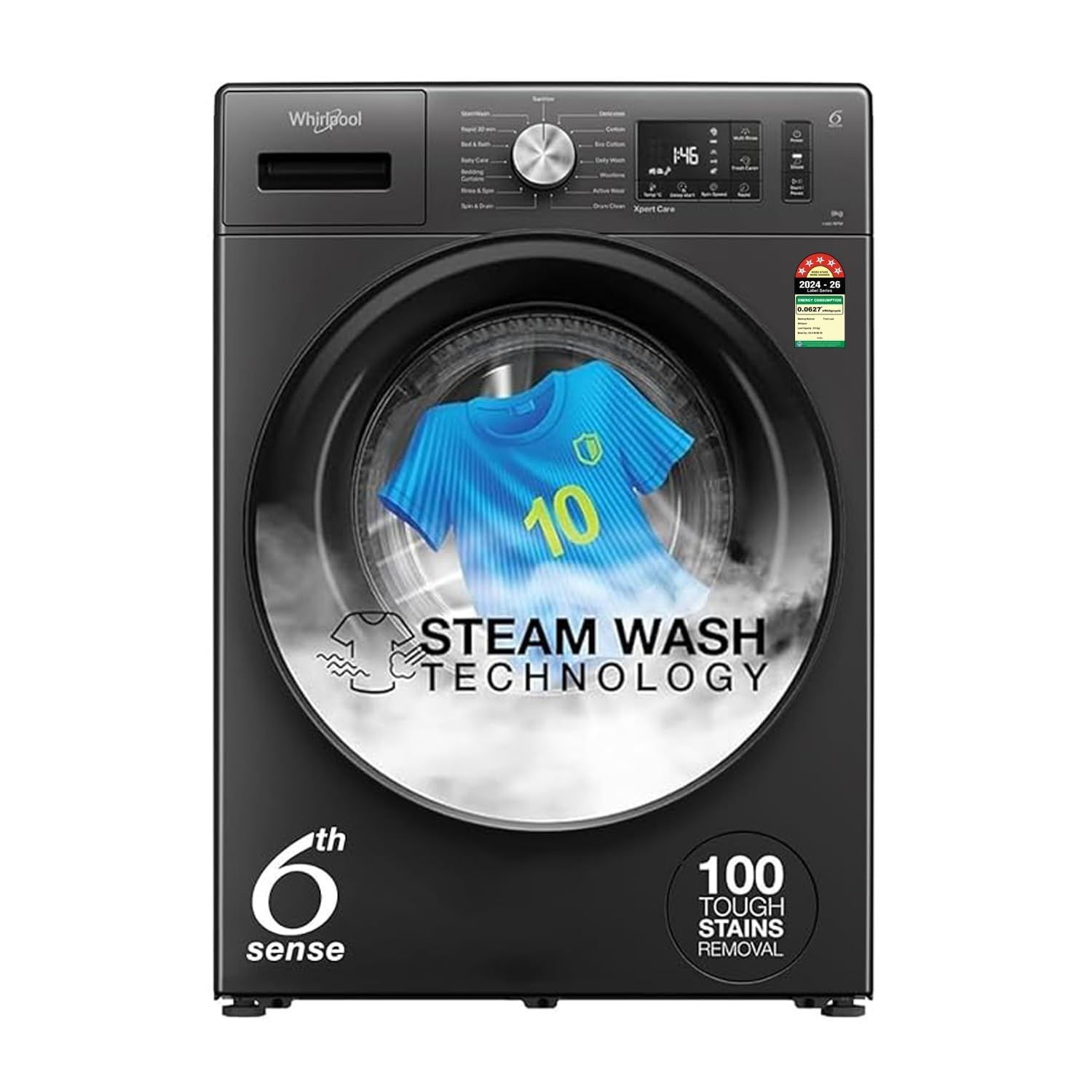 Whirlpool 8 Kg 5 Star Inverter Supreme Care Front Load Fully Automatic Washing Machine with In-Built Heater (XS8014BWME, MidNight Grey, Steam Technology, 100+ Tough Stains, 6th Sense Soft Move)