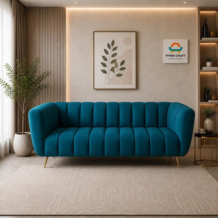 PHIRKCRAFT Velvet 3-Seater Kiki Sofa for Living Room | Modern Upholstered Couch with Channel-Tufted Backrest & Metal Accent Legs