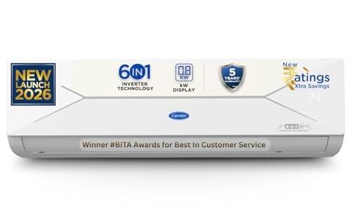 Carrier 1.5 Ton 5 Star, New Star rated, Flexicool Inverter Split AC (Copper, Convertible 6-in-1 with Smart Energy Display, Insta Cool, Auto Clean and PM 2.5 Filter, ESTER EDGE Gxi-CAI18EE5R36F0, White)
