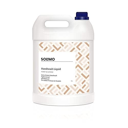 Amazon Brand - Solimo Liquid Handwash, Refill Can | Honey & Almond | 5 Litre | Fights Germs | Ph-Balanced Formula | No Added Triclosan & Parabens