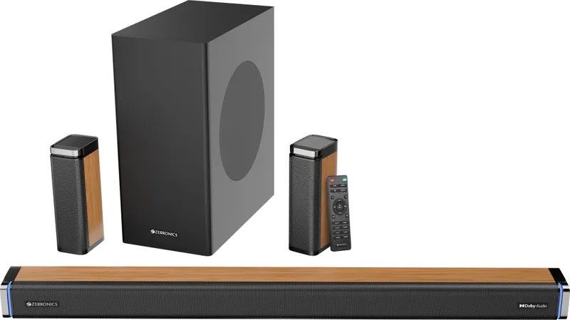 ZEBRONICS Juke Bar 9530 Dolby Audio Wired Subwoofer & Dual Rear Satellites, Wooden Finish 550 W Bluetooth Soundbar (Black, 5.1 Channel)