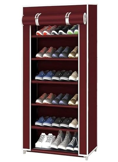 EASY BUY 6 Shelves Shoe Rack Plastic with Zip Door Cover & Side Pockets, (6 Shelves, Plastic) (Maroon)