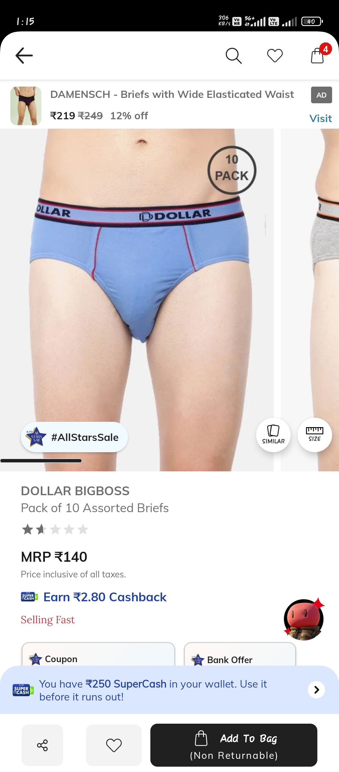 10 assorted doller briefs @119(72rs convenience charge)