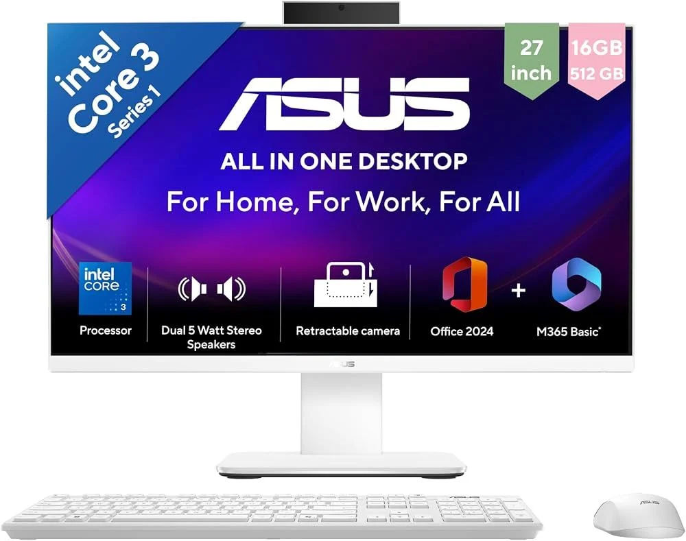 ASUS V470 (2026),i3-14th Gen,Intel Core 3 100U,Intel iGPU,16GB/512GB,FHD,27"(68.58 cm),Windows 11,M365 Basic(1Y),Office 24,White,7 Kg,V470VAB-KWC3004WS,with Wireless Keyboard & Mouse,All in One PC