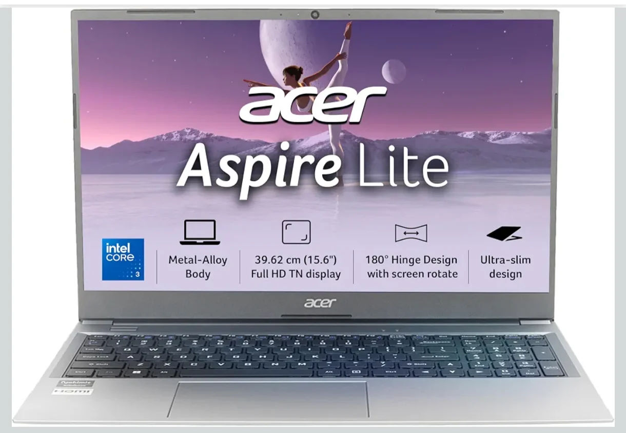 Acer Aspire Lite Intel Core i3/Core 3 14th Gen-100U Processor, Office 2024 + M365 Basic, 8GB RAM/256GB SSD, 15.6"/39.62 cm, FHD IPS Display,Win11Home, Steel Grey, 1.59Kg, AL15-53, Thin & Light Laptop