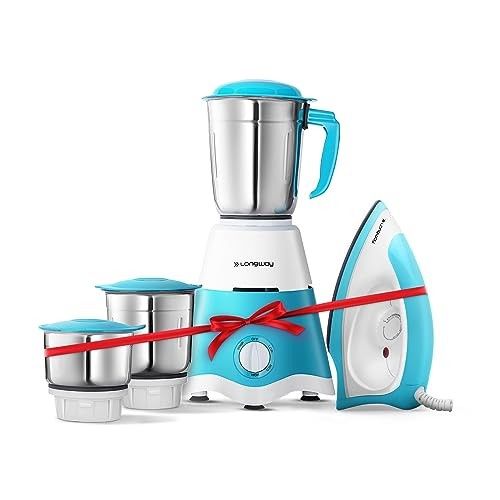Longway Super Dlx Mixer Grinder with Kwid 1100W Dry Iron | 500 Watt Powerful Motor | 3 Jars for Grinding, Mixing, Juicing | 2 Year Warranty (Blue & White, Combo Offer)