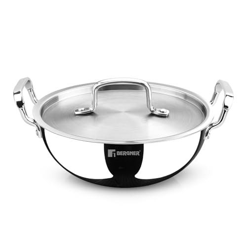 TriPro Triply Stainless Steel 30cm (5.2L) Deep Kadai with Stainless Steel Lid, Kadhai with Durable Stay Cool Handles,