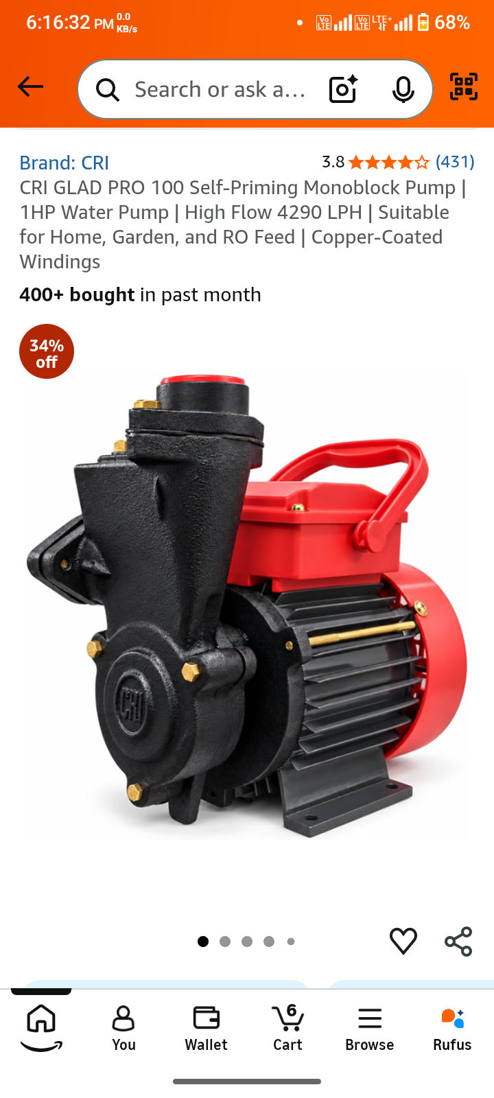 CRI GLAD PRO 100 Self-Priming Monoblock Pump | 1HP Water Pump | High Flow 4290 LPH | Suitable for Home, Garden, and RO Feed | Copper-Coated Windings