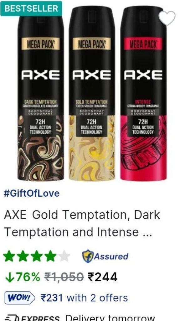 Gold Temptation, Dark Temptation and Intense Deodorant Spray - For Men (645 ml, Pack of 3