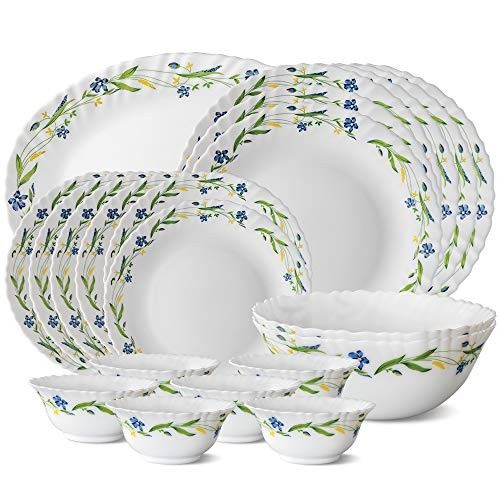 Larah by Borosil Cripper Fluted Series Opalware Dinnerset | 21 Pieces for Family of 6,White