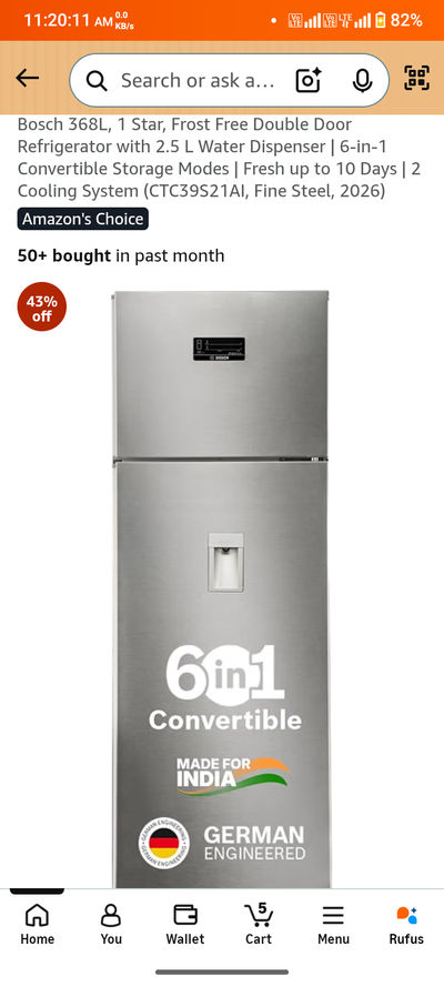 Bosch 368L, 1 Star, Frost Free Double Door Refrigerator with 2.5 L Water Dispenser | 6-in-1 Convertible Storage Modes | Fresh up to 10 Days | 2 Cooling System (CTC39S21AI, Fine Steel, 2026)