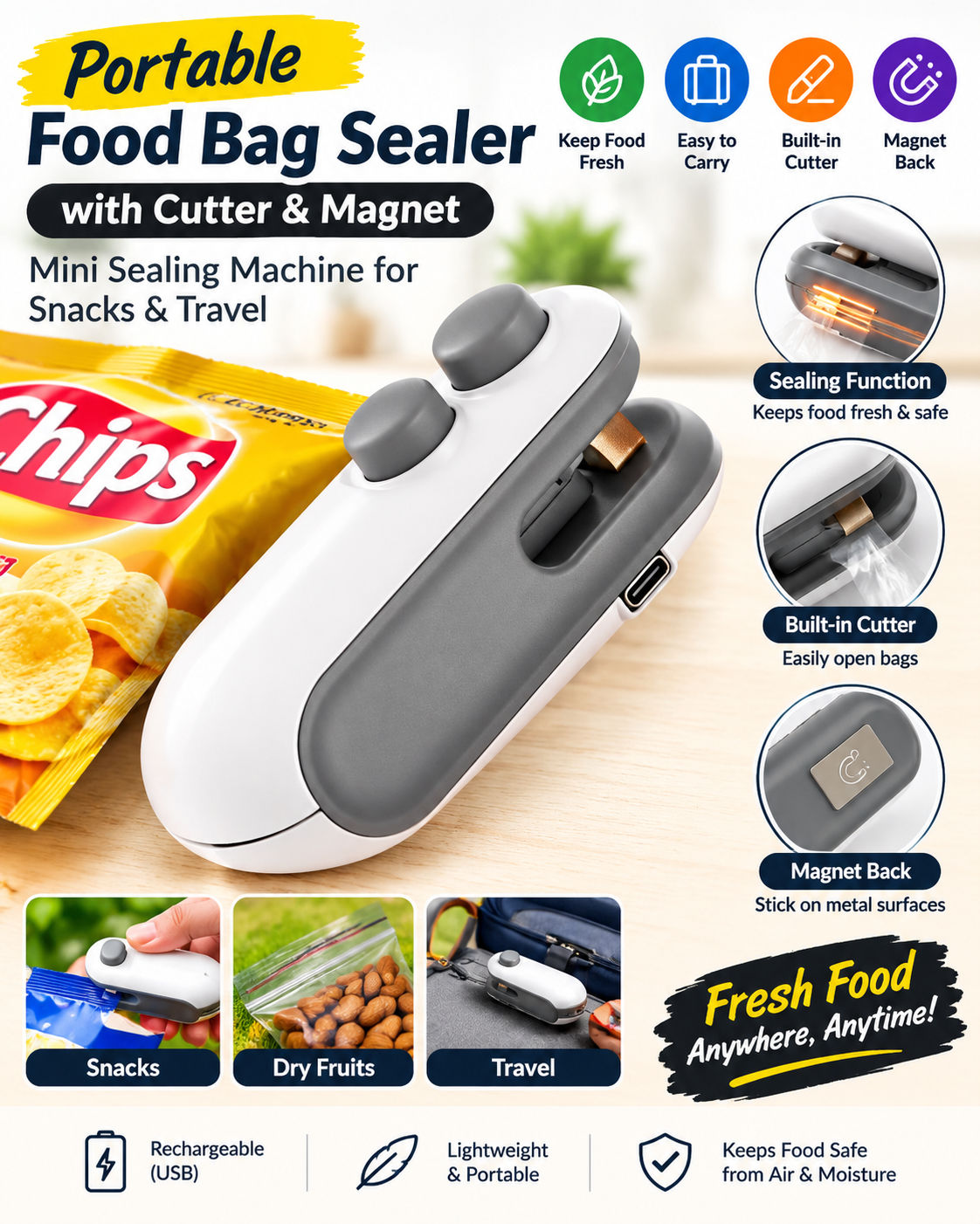Portable Food Bag Sealer with Cutter & Magnet | Mini Rechargeable Heat Sealing Machine for Snacks, Chips & Travel
