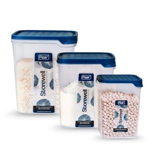 FLAIR Storewell Square Plastic Food Storage Container Set (Blue, Set of 3 (2.4L, 6L, 8L))