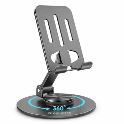 Amkette Ergo 360° Alloy Mobile Stand for Desk, Foldable Design with Stable Rotational Metallic Round Base