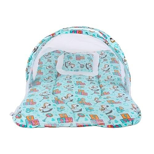 Bumtum Baby Horse Mosquito Net & Neck Pillow, Baby Gadda Set for New Born, 0-6 Month, Printed Baby Bedding, Sleeping Bed of 71cm x 47cm x 5cm, Sky Blue, Cotton, Free Size