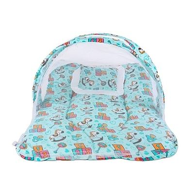 Bumtum Baby Horse Mosquito Net & Neck Pillow, Baby Gadda Set for New Born, 0-6 Month, Printed Baby Bedding, Sleeping Bed of 71cm x 47cm x 5cm, Sky Blue, Cotton, Free Size