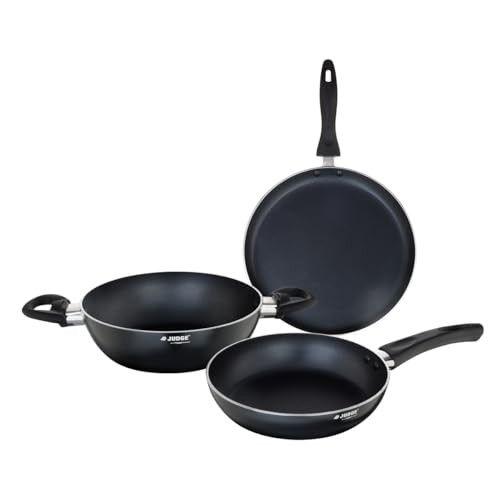 Judge by Prestige Ace 3-Piece Non-Stick Cookware Set - Kadai with Lid (20 cm), Fry Pan (20 cm) & Omni Tawa (25 cm) | Induction & Gas Compatible | black