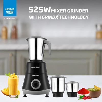 Voltas Beko G5253HP-BG 3 Jar Black and Grey 525 W Mixer Grinder with two years warranty on the motor