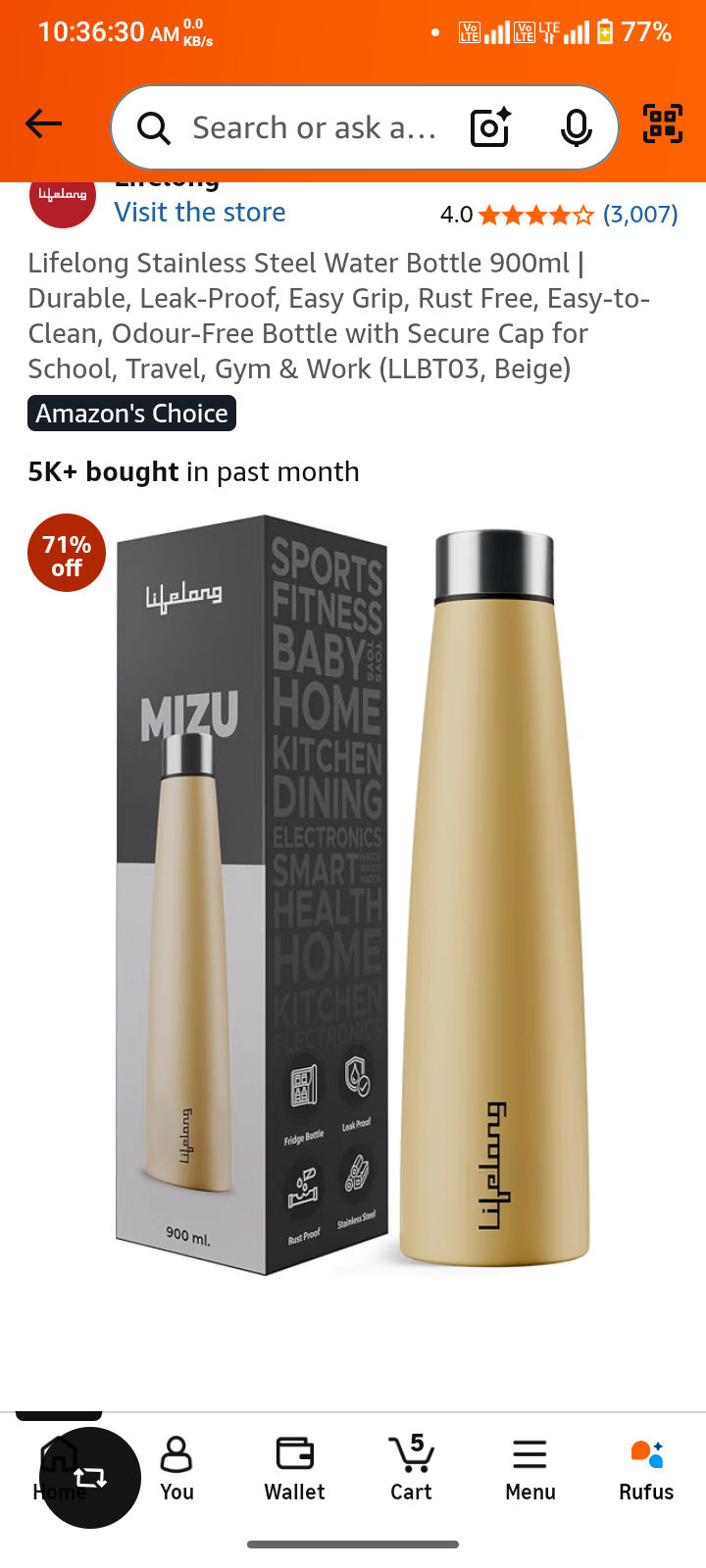 Lifelong Stainless Steel Water Bottle 900ml | Durable, Leak-Proof, Easy Grip, Rust Free, Easy-to-Clean, Odour-Free Bottle with Secure Cap for School, Travel, Gym & Work (LLBT03, Beige)