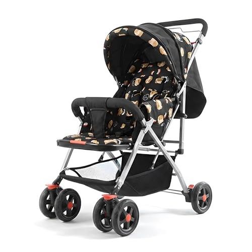 Kuber Industries Kids Stroller Pram with Reversible Handle | Adjustable Canopy & Bottom Storage Basket | Pushchair for 1.5 to 3 Year Baby | Black