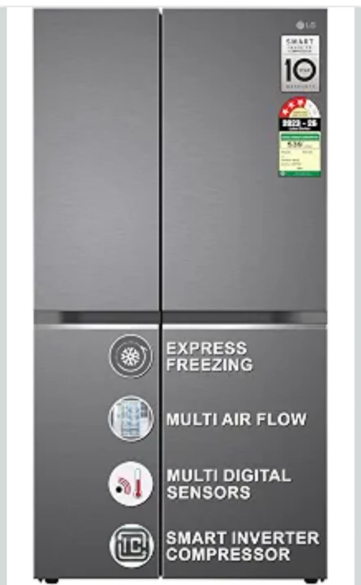 LG 655 L, 3 Star, Frost-Free Smart Inverter Double Door Side-By-Side Refrigerator (GL-B257HDSY, Dazzle Steel, Smart Diagnosis, Express Freeze | Multi Air-Flow)