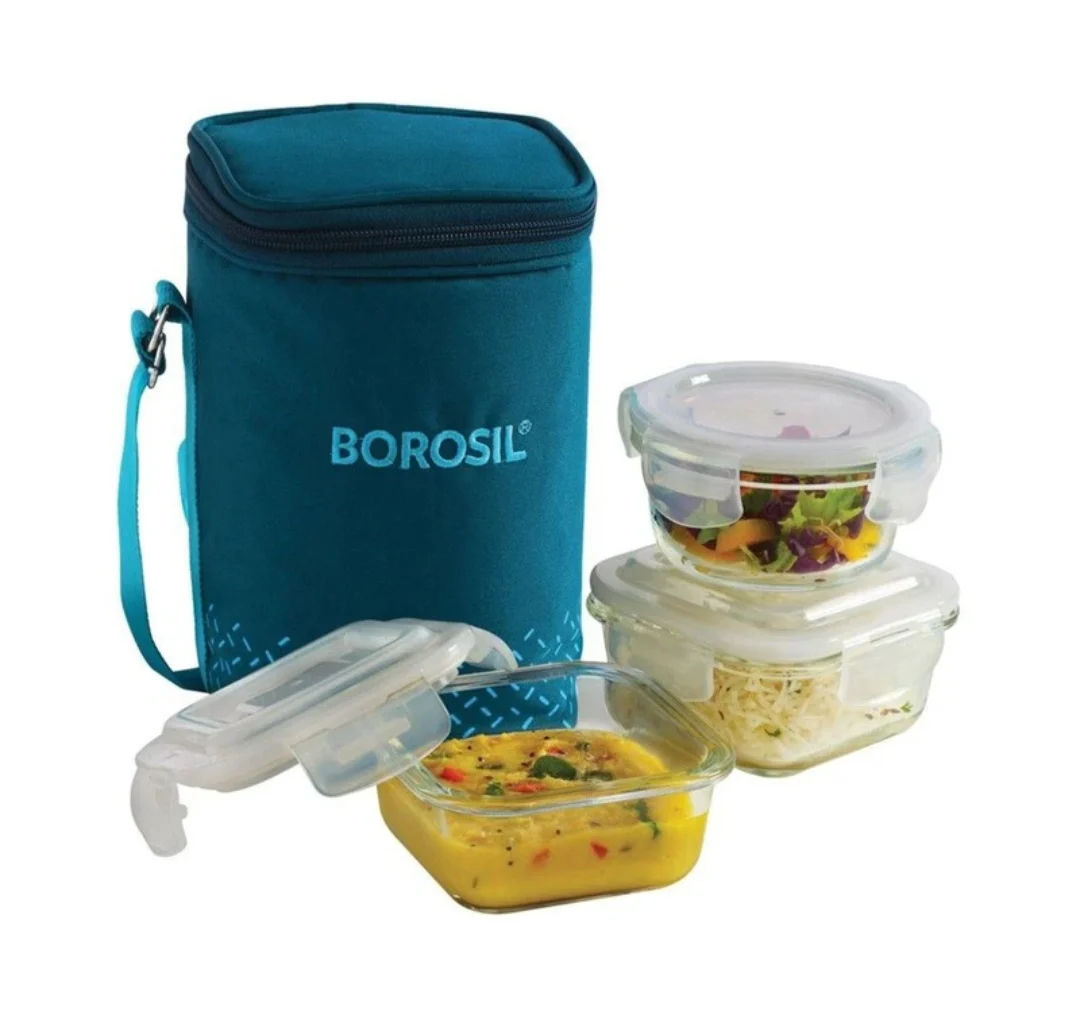 BOROSIL Teal Bag, 3 Pc (320 ml x 2 + 240ml x 1), Office Tiifin Glass containers Lunch Box (880 ml)