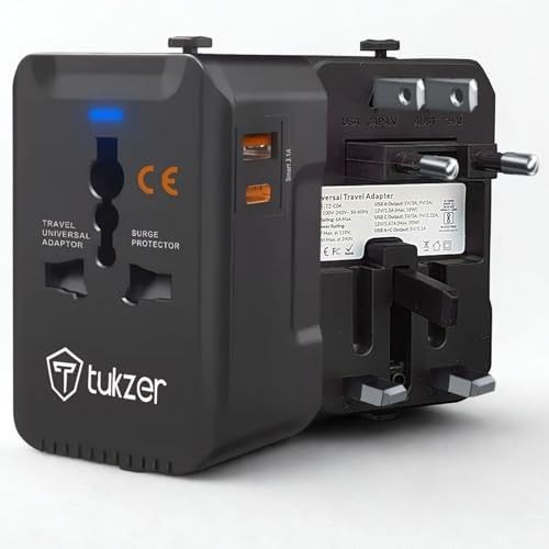 Tukzer Universal Travel Adapter with 20W Type C PD & 18W USB-A Output Port, Universal Plug Socket, All in One International Travel Fast Charging Adapter for Laptop/MacBook & Mobile Charging- Black