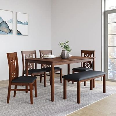 [Coupon + SBI CC ] home By Nilkamal Rigel 6-Seater Solid Wood Dining Set | Chairs + Bench